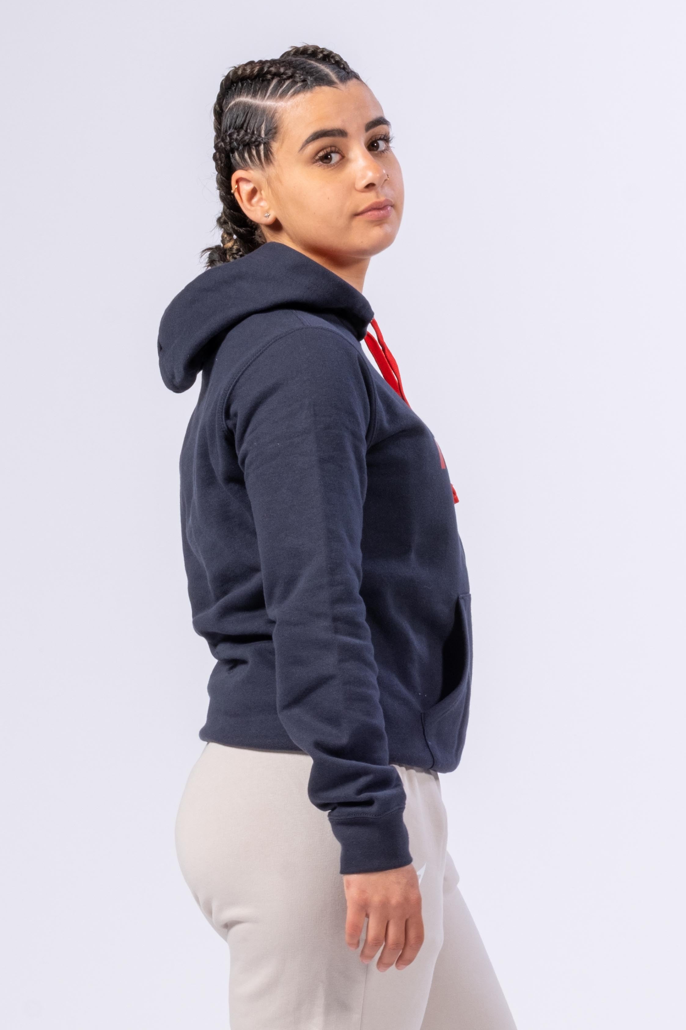 DAMEN-KAPUZENPULLOVER - MARINEBLAU / ROT