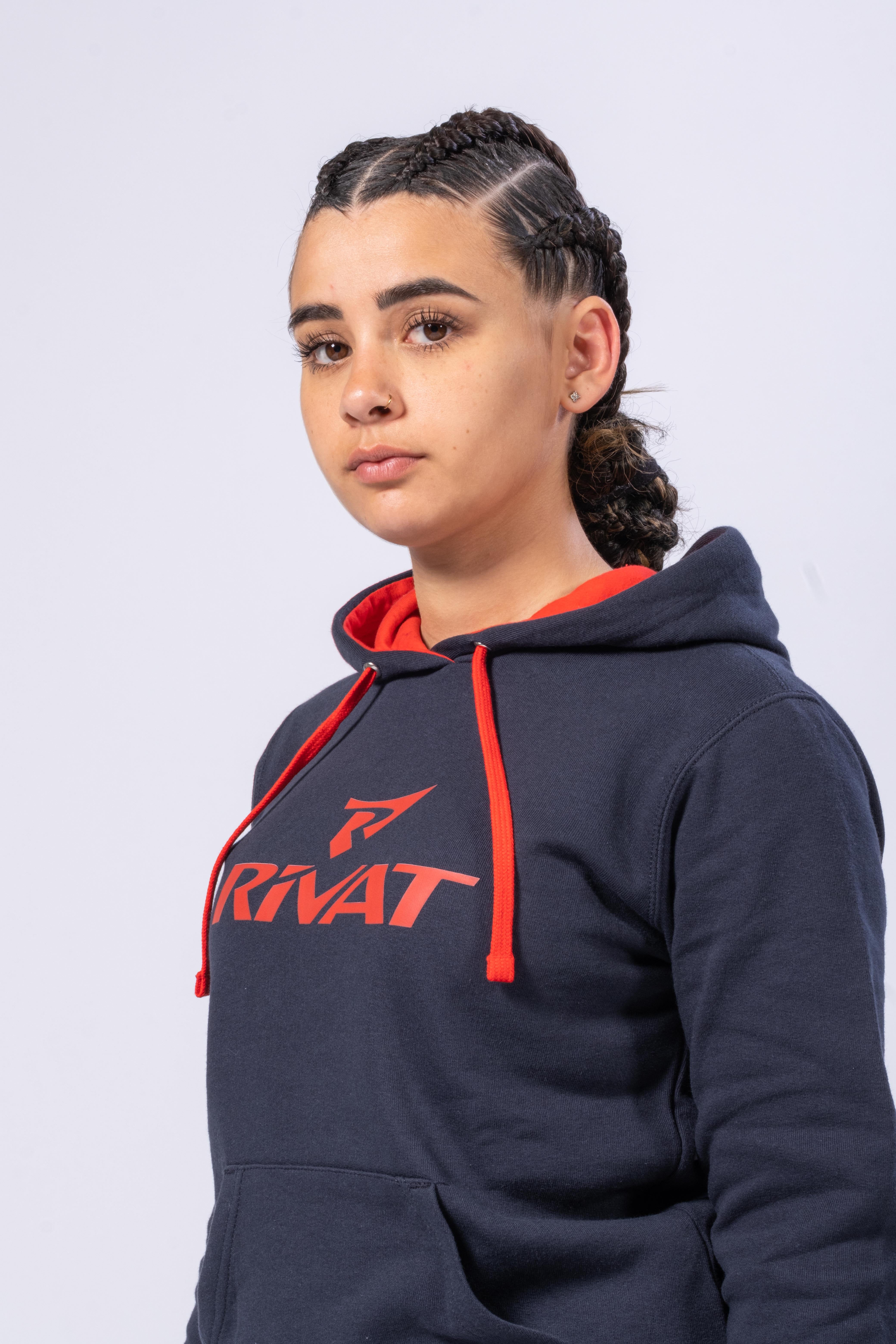 DAMEN-KAPUZENPULLOVER - MARINEBLAU / ROT