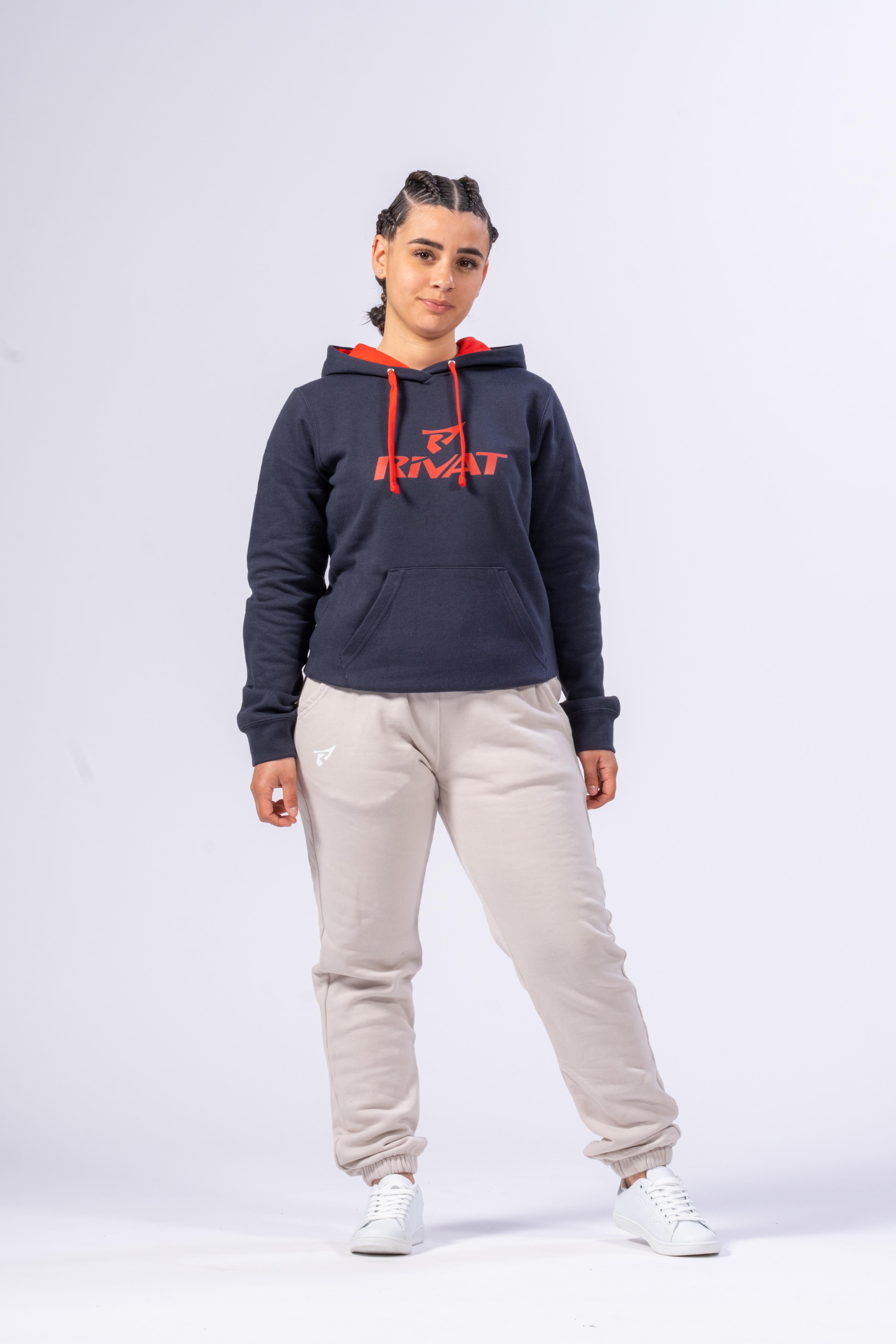 DAMEN-KAPUZENPULLOVER - MARINEBLAU / ROT