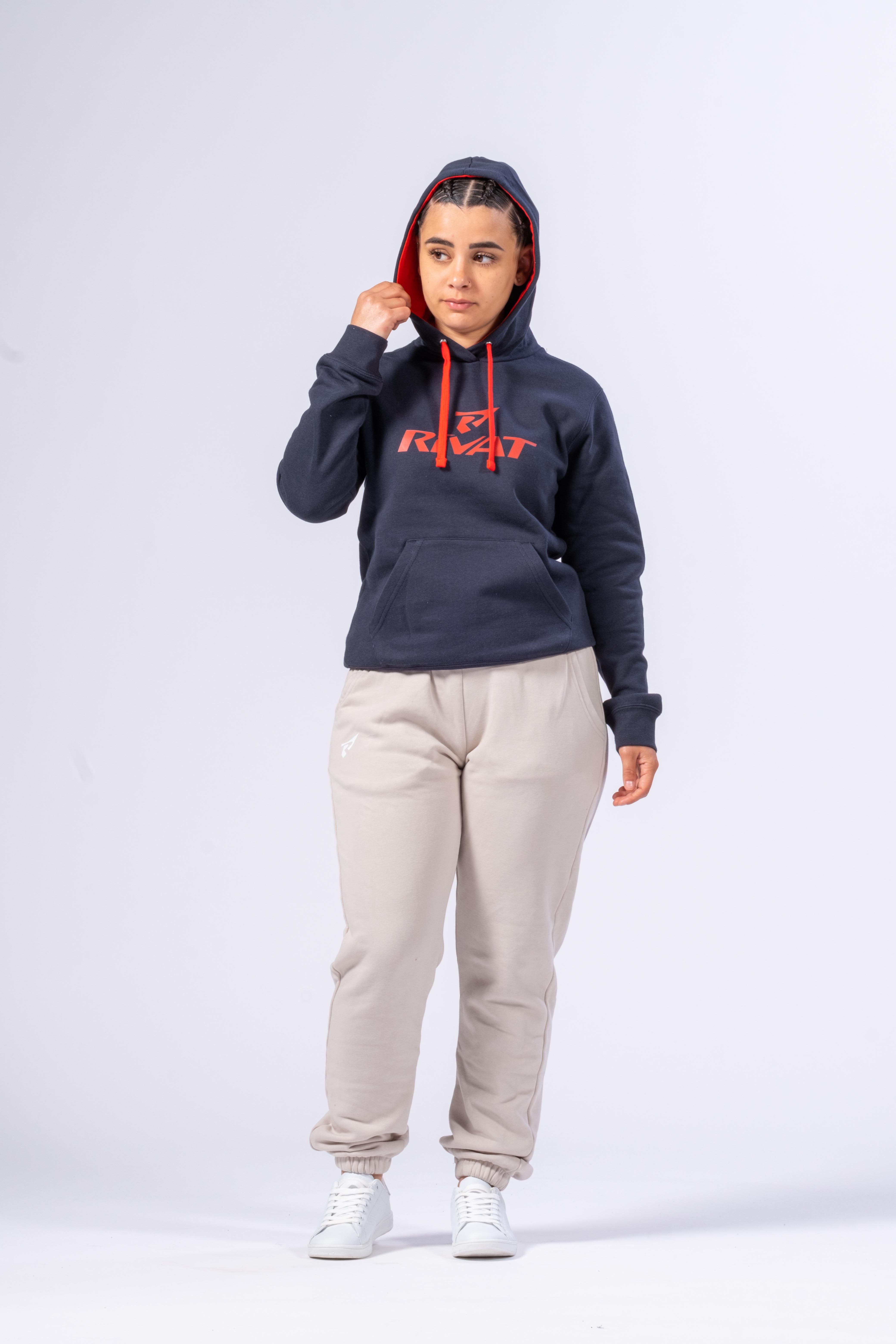 DAMEN-KAPUZENPULLOVER - MARINEBLAU / ROT