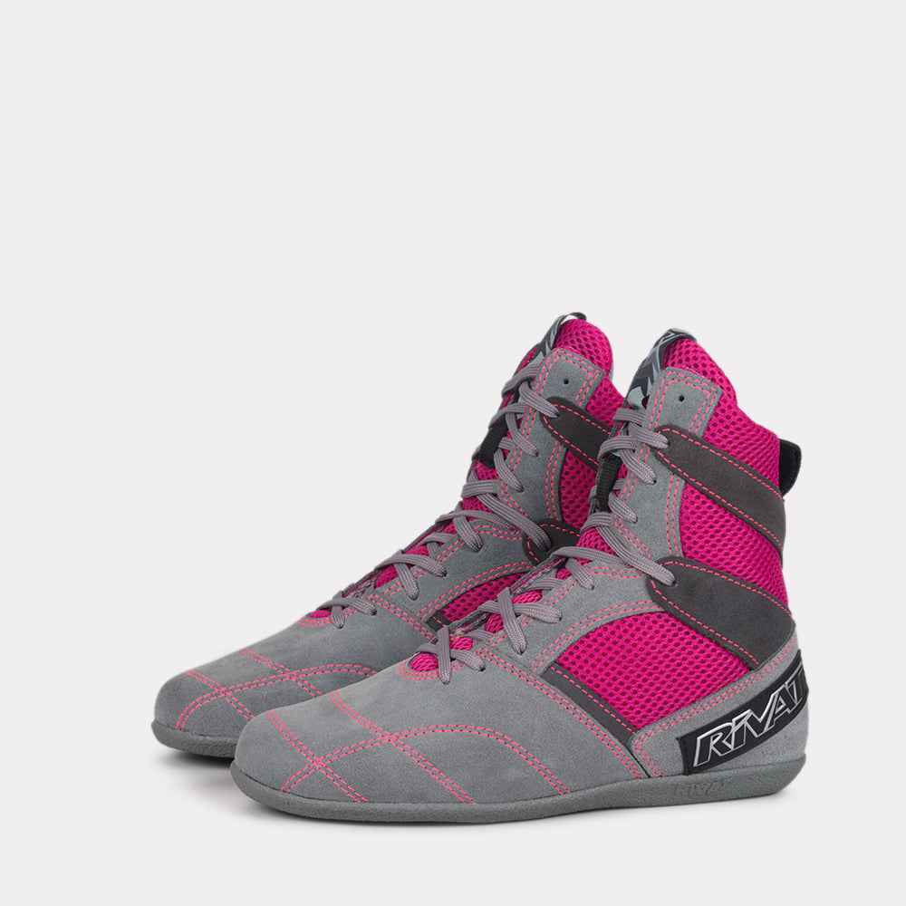 Chaussures boxe française femme Rivat gris et rose avec maintien renforcé et semelle antidérapante