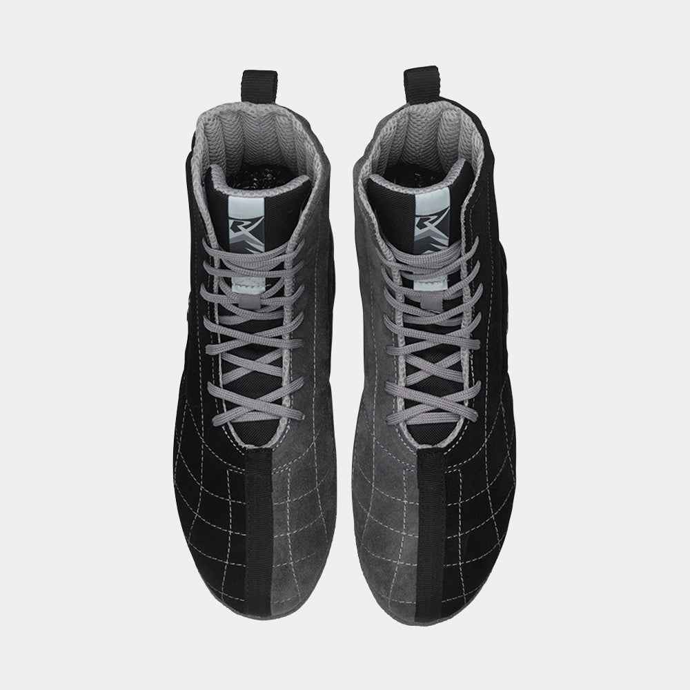 Chaussures de boxe française Rivat noires et grises avec lacets pour entraînement et compétition