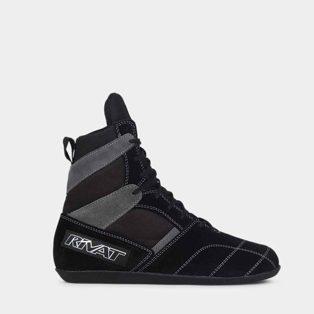 Chaussures de boxe française Rivat noires et grises montantes avec lacets et logo