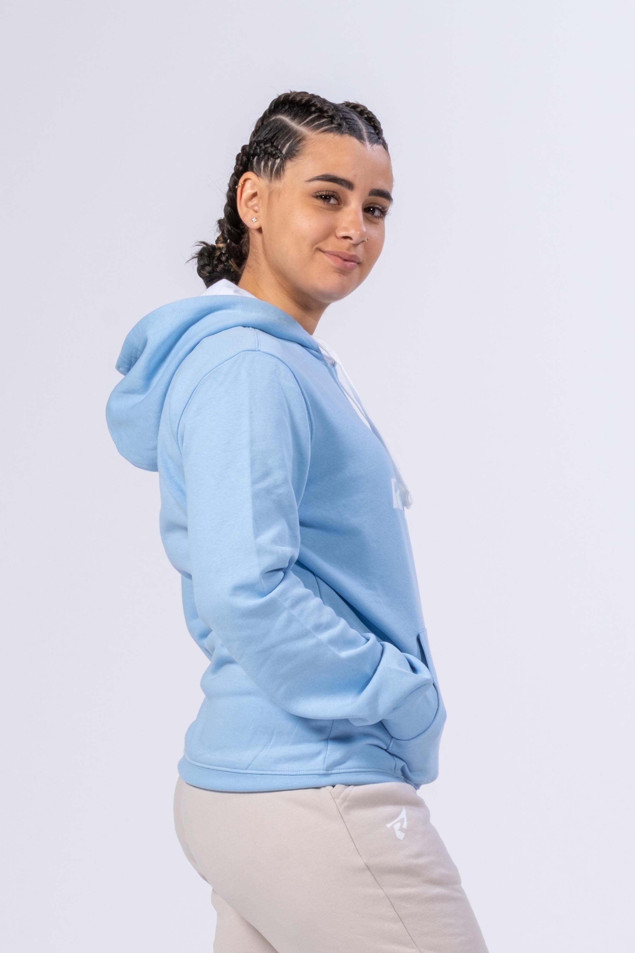 CAMISOLA COM CAPUZ PARA MULHER - AZUL CELESTE / BRANCO