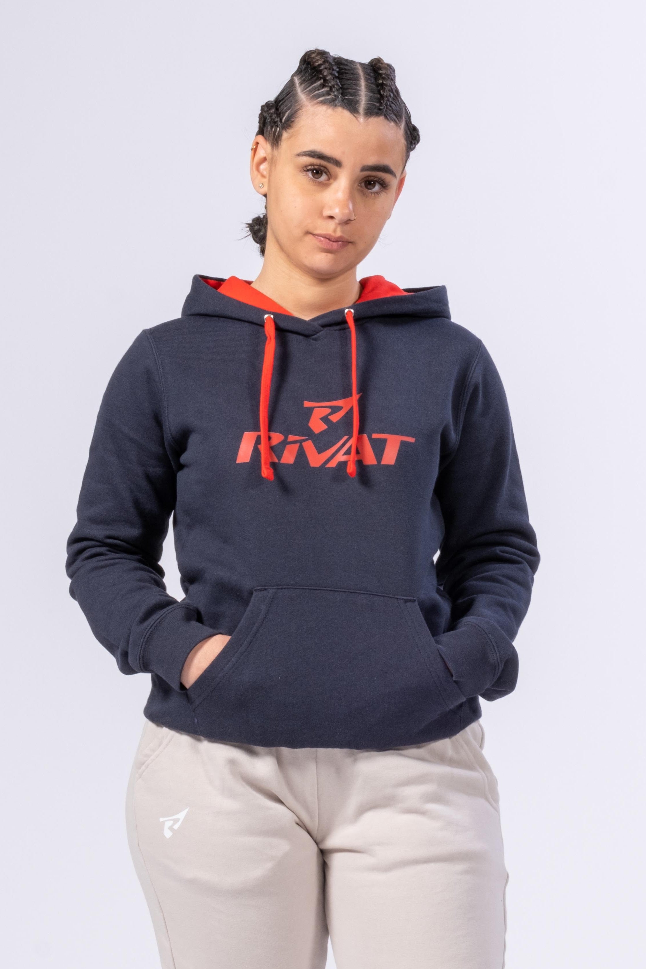 SUDADERA CON CAPUCHA PARA MUJER - AZUL MARINO / ROJO