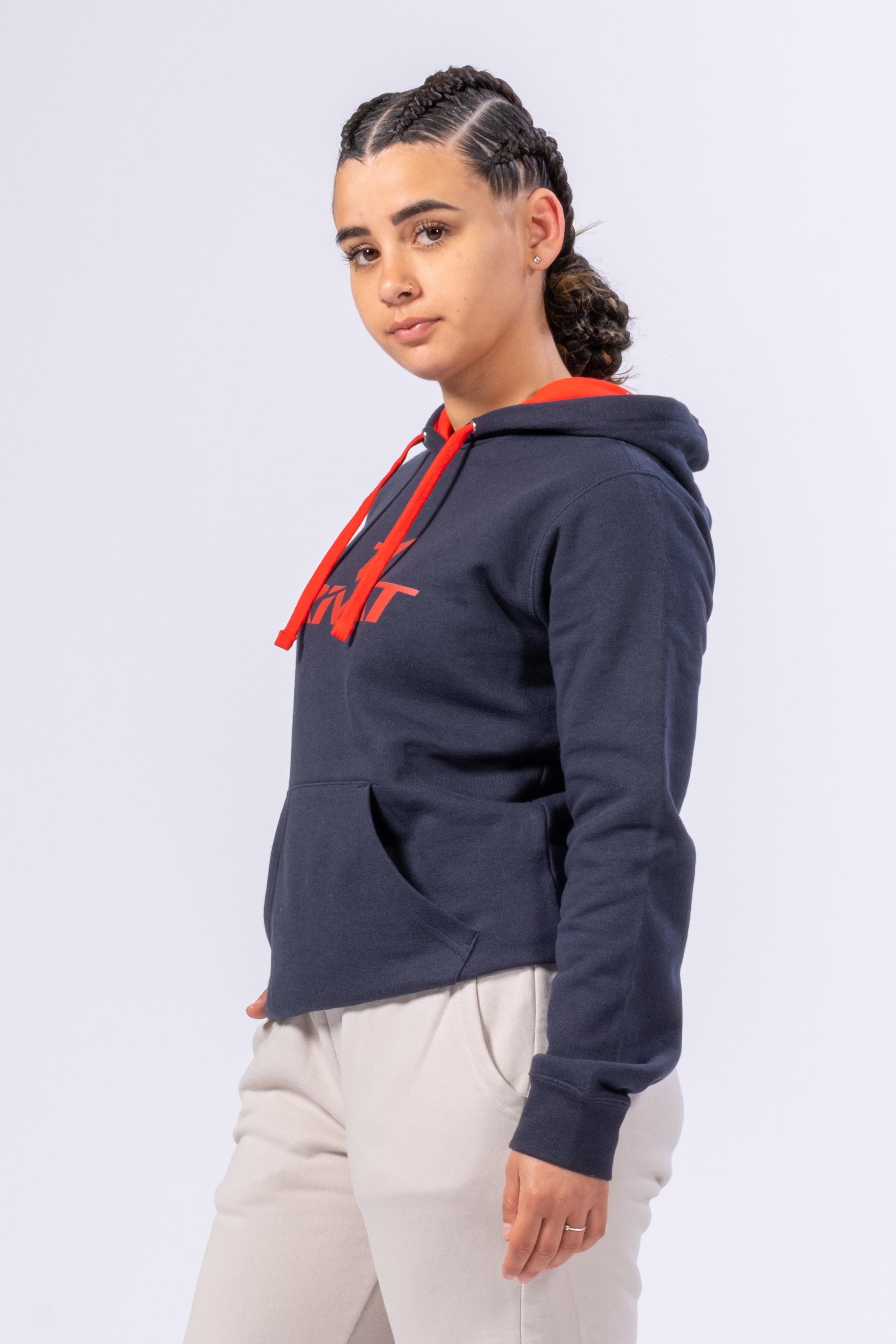 SUDADERA CON CAPUCHA PARA MUJER - AZUL MARINO / ROJO
