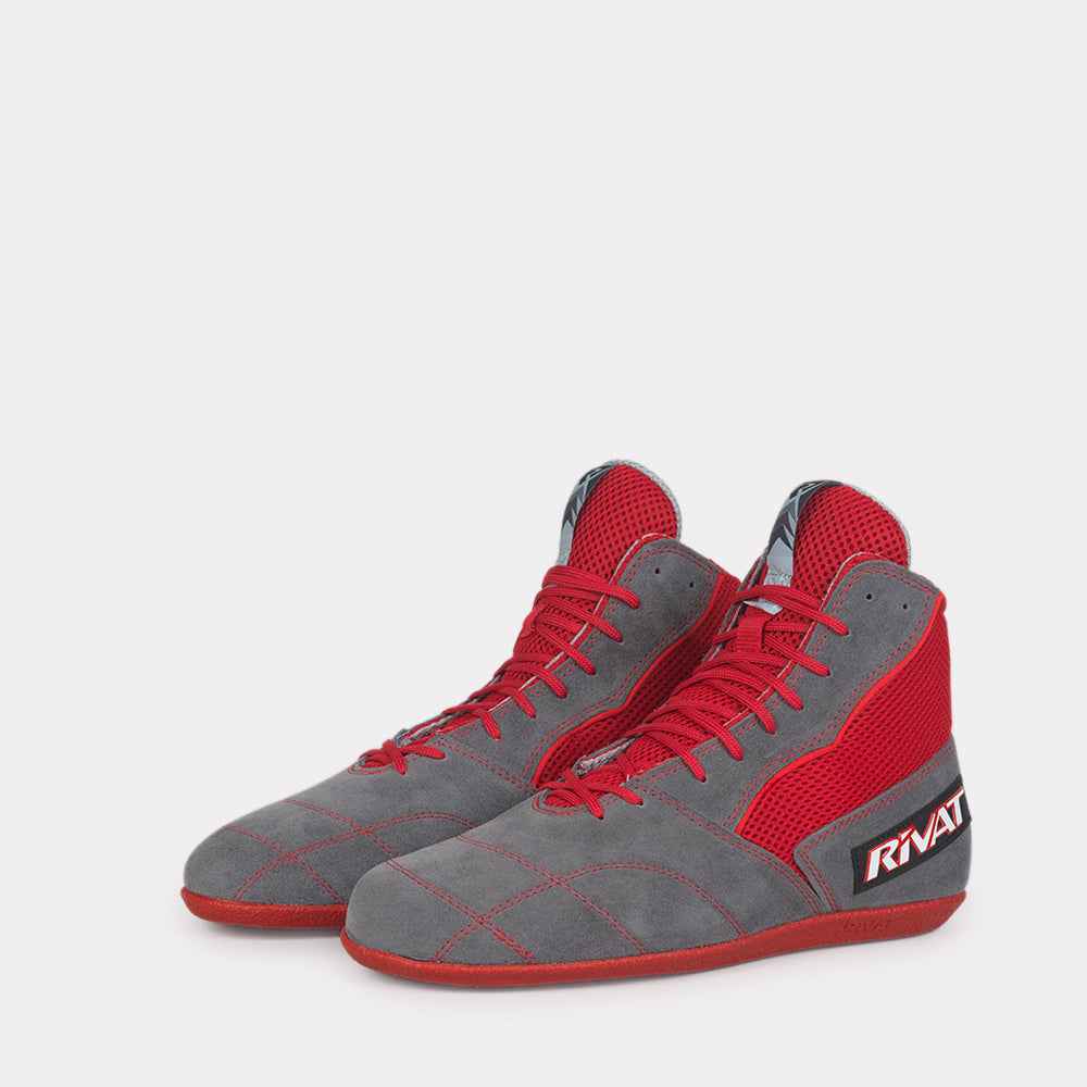 Chaussures de boxe française Rivat gris et rouge avec finition en daim et filet respirant