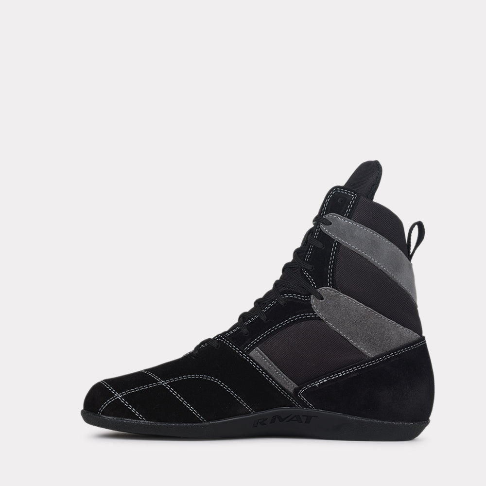 Chaussures de boxe française Rivat noires et grises avec design montante pour un maintien optimal
