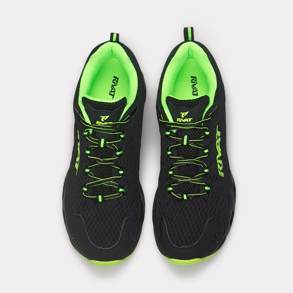 Chaussures fitness homme noir Rivat avec détails verts pour entraînement sportif confortable