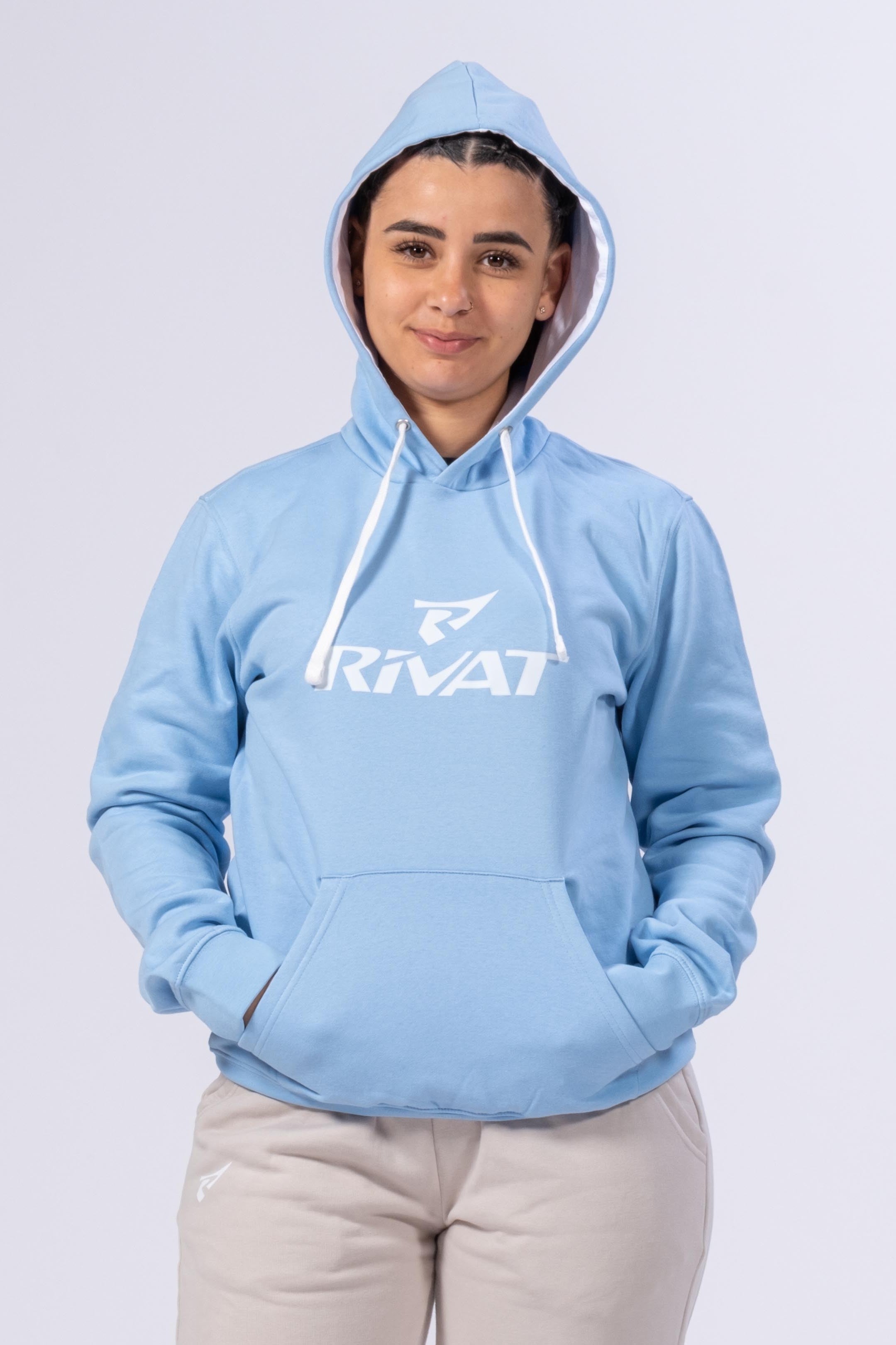 Sweatshirt sport bleu ciel pour femme avec capuche et logo Rivat en blanc